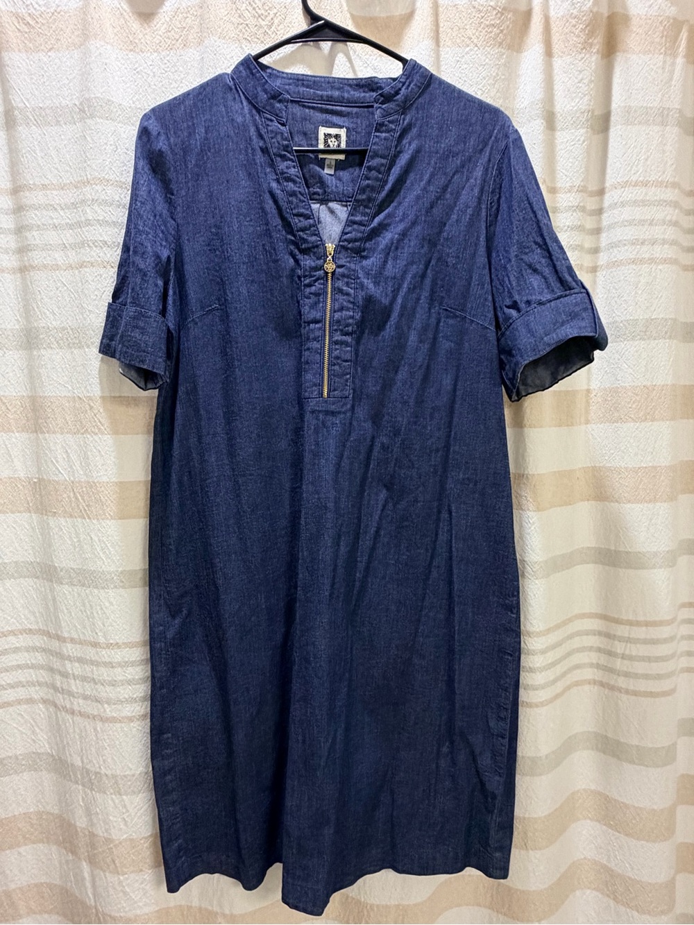Denim-style dress with cuffed sleeves